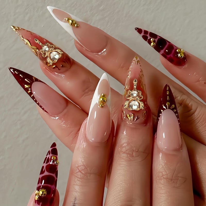 SEENEEY Almond Press on Nails Long Fake Nails French Red Artificial Nail with Rhinestones Designs Gold Charm Stick on Nail for Women 24pcs - Image 1